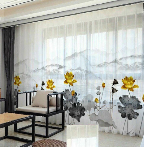 Màn Voan In Hoa Sen Vàng - Rèm Sen Hồng